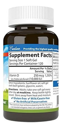 Carlson Vitamina D3 250 Mcg Com Vitamina E Suplementos - Imagem 2