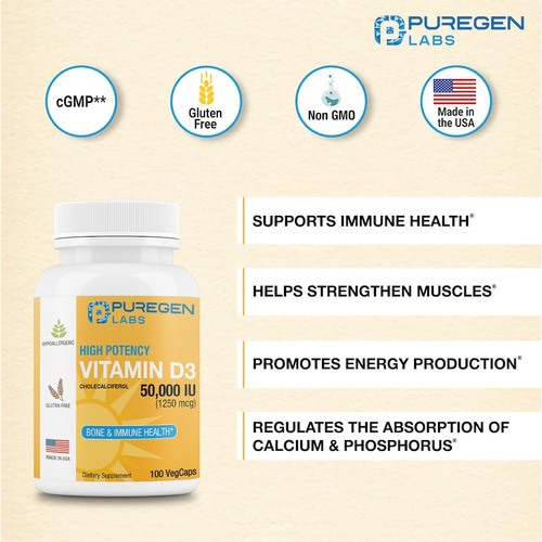 Suplemento De Vitamina D3 Puregen Labs 50.000 Ui 100 Cápsula - Imagem 3