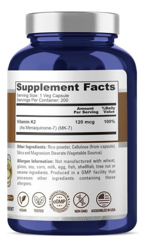Suplemento Nusapure Vitamina K2 Mk7 120mcg 200 Cápsulas Vege - Imagem 2