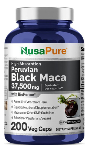 Suplemento Nusapure Black Maca Root 37.500 Mg 200 Cápsulas