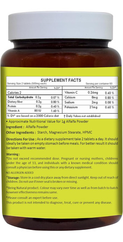 Comprimidos De Alfafa Herbal Hills Contagem 120 Fonte De - Imagem 2
