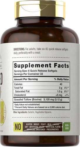 Sebo Bovino Alimentado Com Capim Carlyle 3120mg 200 Cápsul