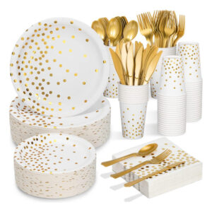 Conjunto De Louça Branco E Dourado Para Festas Chique