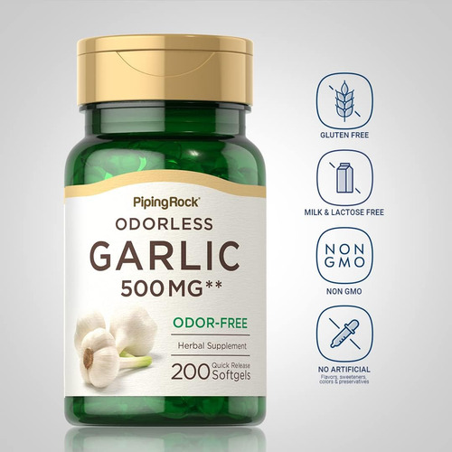 Cápsulas De Alho Inodoras Piping Rock 500mg 200 Comprimi - Imagem 3