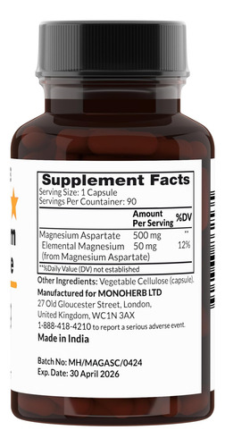 Aspartato De Magnésio 500 Mg Por Cápsula - 90 Cápsulas Veget - Imagem 2