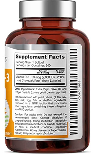 Vitamina D-3 2000 Ui 240 Cápsulas Em Gel Extra Virgem - Imagem 3
