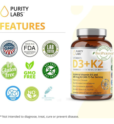 Purity Labs Vitamina D3 Kiu (250mcg) D3 + 200mcg K2 Mk7 - S - Imagem 6
