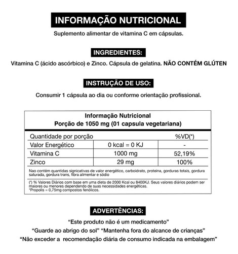 Vitamina C + Zinco Vit C 1000mg Adaptogen 60 Caps - Imagem 2