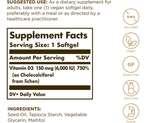 Solgar Vegan Vitamin D3 (colecalciferol) 150 Mcg (6.000 Ui) - Imagem 2