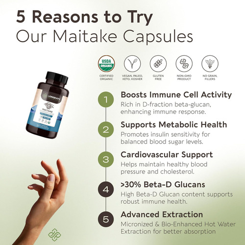 Longevity Botanicals Cápsulas De Cogumelo Maitake Orgânico - - Imagem 2