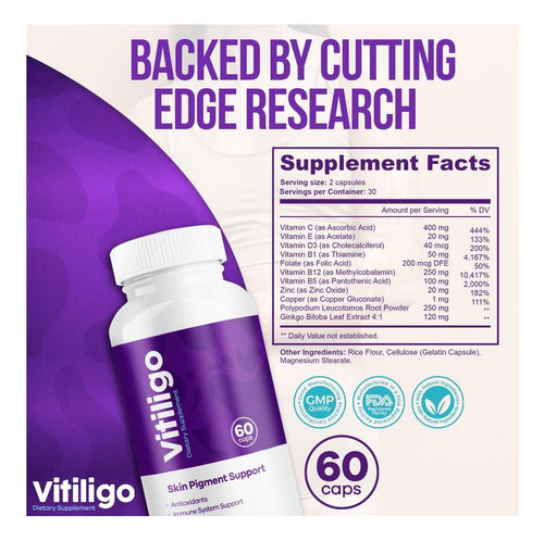 Aura Vitamins - Vitiligo Cápsulas 60 Contagens 1 Mês Mel - Imagem 5