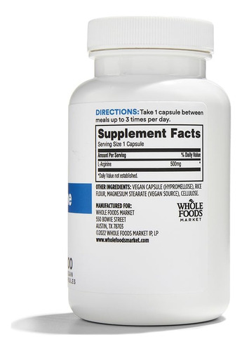 Suplemento 365 Da Whole Foods Market L Arginina 500 Mg 100 C - Imagem 2