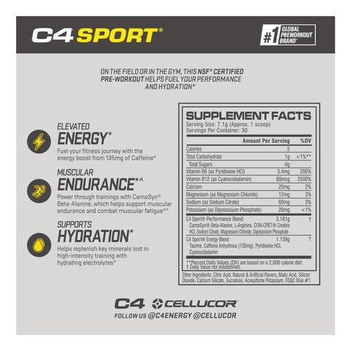 Pó De Pré-treino Cellucor C4 Sport Blue Raspberry Energía - Imagem 2