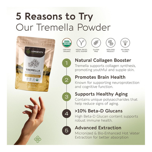 Longevity Botanicals Cogumelo Tremella Orgânico Em Pó - Supl - Imagem 2