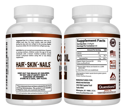 Suplemento Arazo Nutrition Óleo De Coco Orgânico 2000mg 120 - Imagem 3