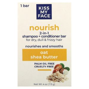 Kiss My Face Barra 2 em 1 para Nutrição Shampoo e Condicionador Para Cabelos Secos Opacos e Frisados Aveia e Manteiga de Karité 1 Barra 113 g (4 oz)