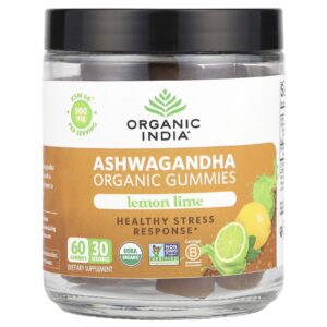 Organic India Gomas de Ashwagandha Orgânica Limão-Siciliano e Limão 60 Gomas (150 mg por Goma)