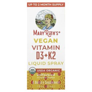 MaryRuths Spray Líquido Vegano de Vitaminas D3 e K2 Sem Sabor 30 ml (1 fl oz)