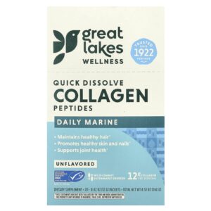 Great Lakes Wellness Peptídeos de Colágeno de Dissolução Rápida Daily Marine Sem Sabor 20 Embalagens 12 g (042 oz) Cada
