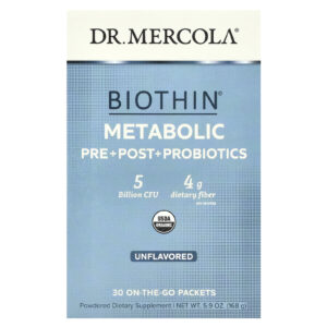 Dr. Mercola Biothin® Pré e Pós Metabólicos + Probióticos Sem Sabor 5 Bilhões de UFCs 30 Embalagens para Qualquer Lugar 56 g (019 oz) Cada