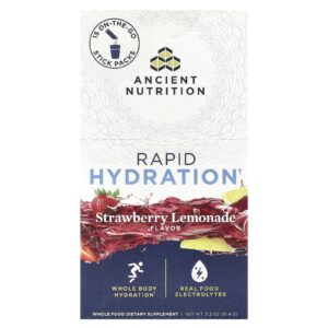 Ancient Nutrition Hidratação Rápida Limonada de Morango 15 Embalagens para Qualquer Lugar 61 g (02 oz) Cada