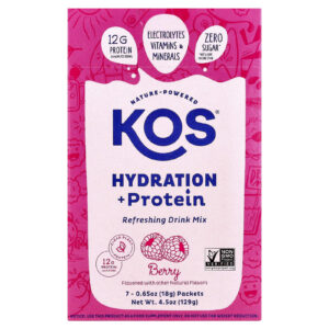 KOS Hidratação + Proteína Mistura para Bebida Refrescante Frutos Silvestres 7 Embalagens 18 g (065 oz) Cada
