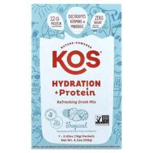 KOS Hidratação + Proteína Mistura para Bebida Refrescante Frutas Tropicais 7 Embalagens 18 g (065 oz) Cada