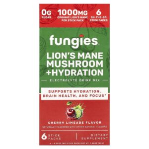 Fungies Cogumelo Juba-de-leão + Hidratação Mistura para Bebida de Eletrólitos Limonada Siciliana de Cereja 6 Embalagens 8 g (028 oz) Cada