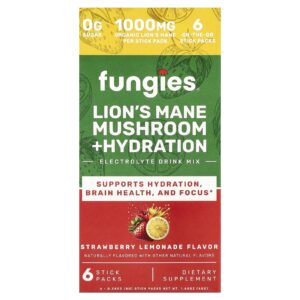 Fungies Cogumelo Juba-de-leão + Hidratação Mistura para Bebida de Eletrólitos Limonada de Morango 6 Embalagens 8 g (028 oz) Cada