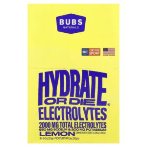 BUBS Naturals Hydrate or Die® Mistura para Bebida de Eletrólitos Limão 20 Embalagens 121 g (043 oz) Cada