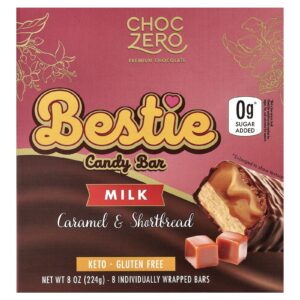 ChocZero Barra de Doce Bestie Leite Caramelo e Biscoito Amanteigado 8 Barras Embaladas Individualmente 28 g (1 oz) Cada