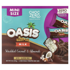 ChocZero Barra de Doce Oasis Leite Coco e Amêndoas Triturados 16 MiniBarras Embaladas Individualmente 14 g (05 oz) Cada
