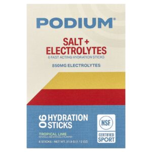 Podium Nutrition Sal + Eletrólitos Bastões para Hidratação Limão Tropical 6 Bastões 53 g (018 oz) Cada
