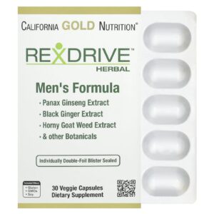 California Gold Nutrition Fórmula de Ervas Rexdrive™ para Desempenho Masculino com Extratos de Panax Ginseng Gengibre Negro e Epimedium mais Misturas Botânicas 30 Cápsulas Vegetais