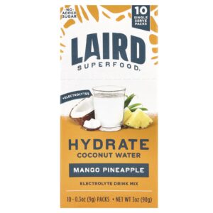 Laird Superfood Água de Coco para Hidratação Mistura para Bebida de Eletrólitos Manga e Abacaxi 10 Embalagens de Porção Individual 9 g (03 oz) Cada