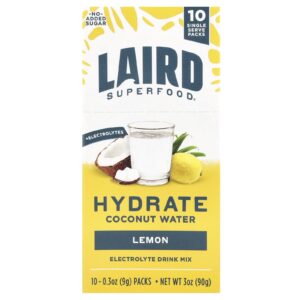 Laird Superfood Água de Coco para Hidratação Mistura para Bebida de Eletrólitos Limão 10 Embalagens 9 g (03 oz) Cada