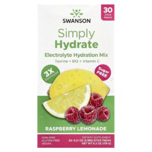 Swanson Simply Hydrate Mistura de Hidratação com Eletrólitos Limonada de Framboesa 30 Embalagens 595 g (021 oz) Cada