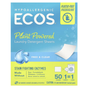 Earth Friendly Products ECOS® Folhas de Detergente para Lavar Roupas à Base de Plantas Free & Clear 50 Folhas 175 g (617 oz)