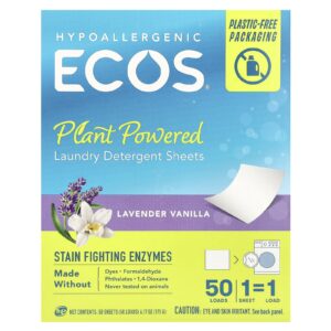 Earth Friendly Products ECOS® Folhas de Detergente para Lavar Roupas à Base de Plantas Lavanda e Baunilha 50 Folhas