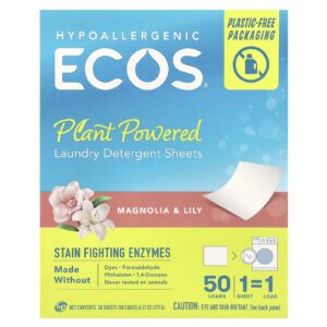 Earth Friendly Products ECOS® Folhas de Detergente para Lavar Roupas à Base de Plantas Magnólia e Lírio 50 Folhas 175 g (617 oz)