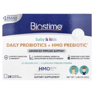 Biostime Bebês e Crianças Probióticos Diários + Prebiótico HMO 3 Meses a 6 Anos Sem Sabor 28 Embalagens de Sachês 15 g (005 oz) Cada