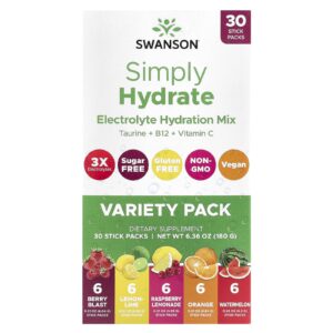 Swanson Simply Hydrate Mistura de Eletrólitos para Hidratação Embalagem Variada 30 Embalagens de Bastões 180 g (636 oz)