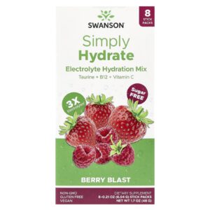 Swanson Simply Hydrate Mistura de Eletrólitos para Hidratação Explosão de Berry 8 Embalagens de 604 g (021 oz) Cada