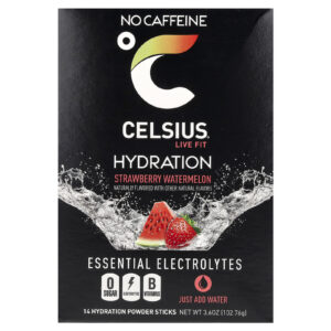 Celsius Live Fit Hidratação Eletrólitos Essenciais Sem Cafeína Morango e Melancia 14 Bastões de Hidratação em Pó 728 g (026 oz) Cada