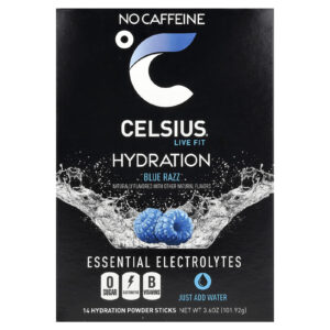 Celsius Live Fit Hidratação Eletrólitos Essenciais Sem Cafeína Blue Razz 14 Bastões de Hidratação em Pó 728 g (026 oz) Cada