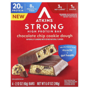Atkins Strong Barra com Alto Teor de Proteína Massa de Biscoito com Lascas de Chocolate 4 Barras 60 g (212 oz) Cada