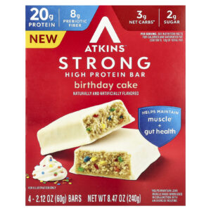 Atkins Strong Barra com Alto Teor de Proteína Bolo de Aniversário 4 Barras 60 g (212 oz) Cada
