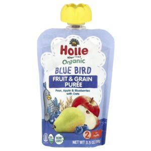 Holle Purê de Grãos e Frutas Orgânicas Blue Pássaro Mais de 6 Meses Pera Maçã e Mirtilos com Aveia 100 g (35 oz)