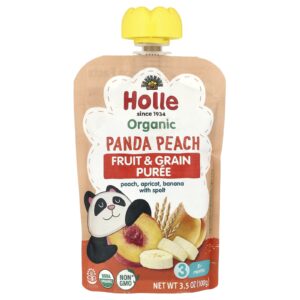 Holle Purê de Grãos e Frutas Orgânicas Pêssego Panda Mais de 8 Meses Pêssego Damasco Banana com Espelta 100 g (35 oz)