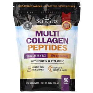 BioSchwartz Peptídeos Multicolágeno em Pó Tipos I II III V e X Com Biotina e Vitamina C Sem Sabor 500 g (176 oz)